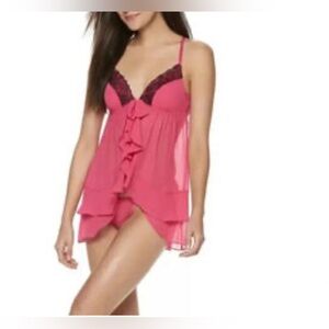 Apt. 9 Hot Pink Black Lace Sheer Chemise Babydoll S